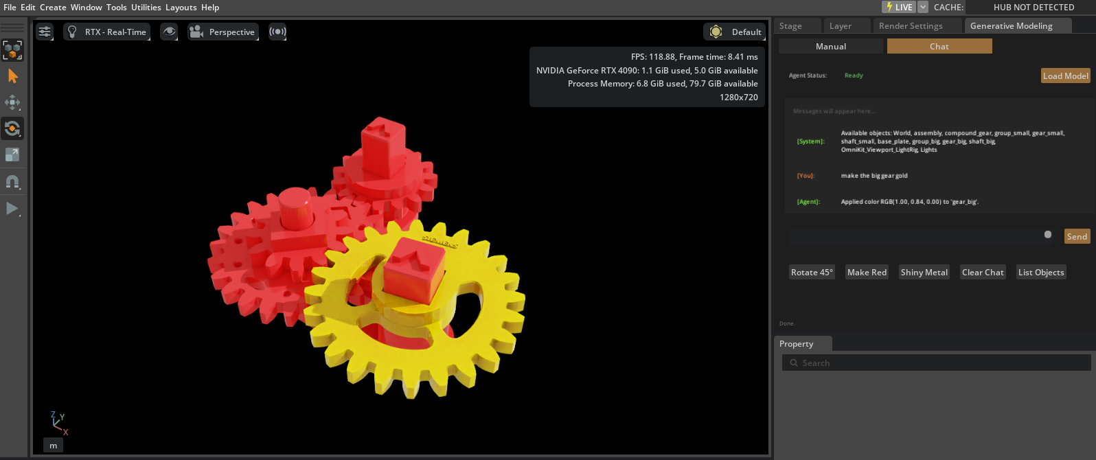 The large gear is yellow-gold after the instruction Make the big gear gold; the extension shows the applied action