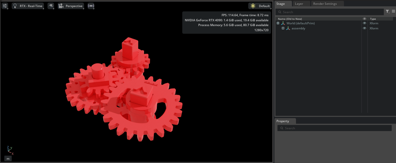The original red gear assembly in Isaac Sim