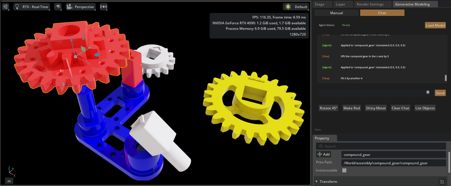 The Isaac Sim extension editing the colors and positions of a mechanical gear assembly through chat